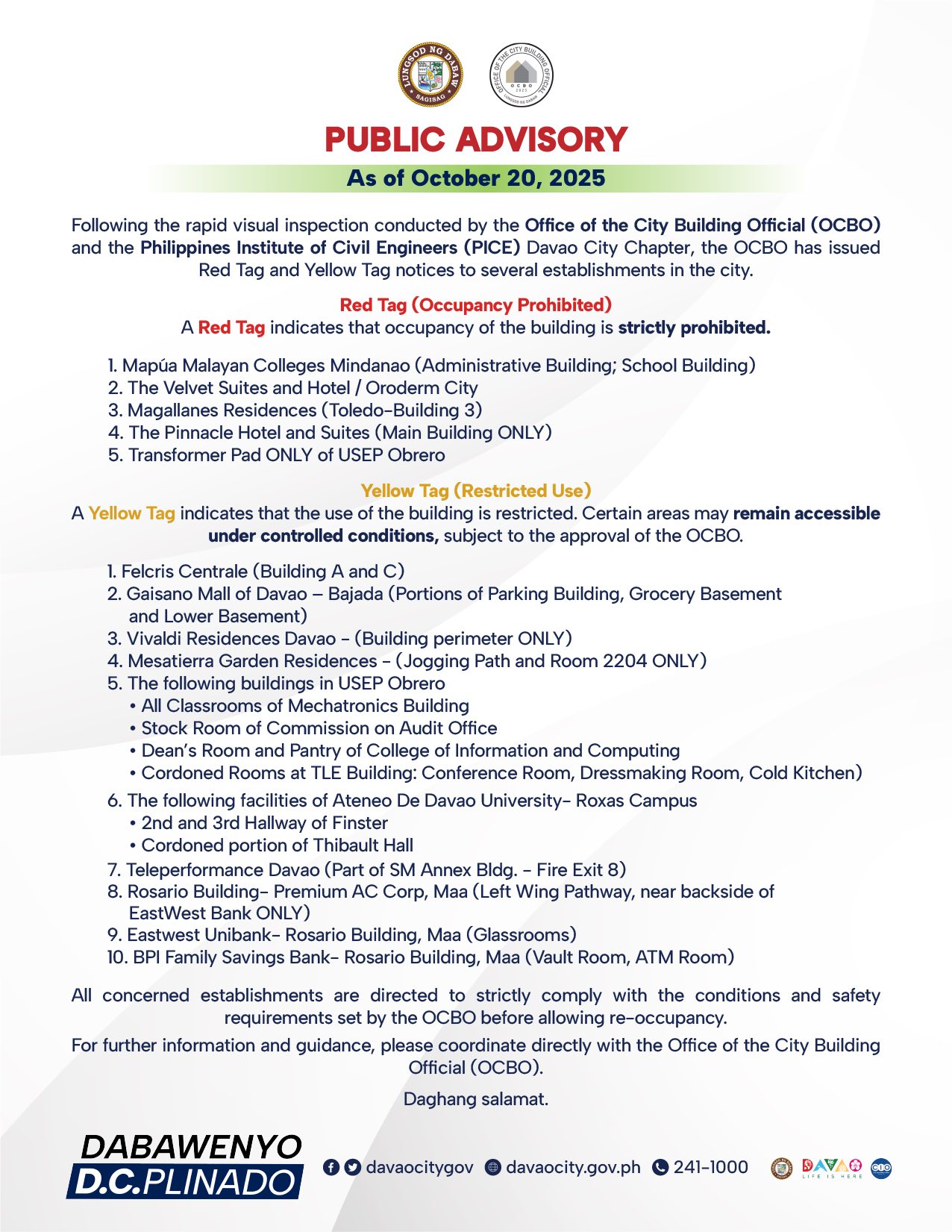 Official statement from Vivaldi Residences Davao clarifying that the Yellow Tag applies only to the building perimeter, confirming the building remains safe and structurally sound. Vivaldi Residences Davao will continue to provide updates as new information becomes available.